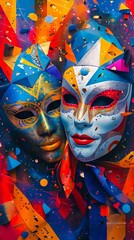 Two colorful masks with a splash of paint.