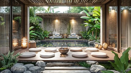 A tranquil boho style yoga retreat in Bali, complete with natural fabrics and earthy tones