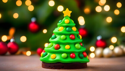 A Christmas tree-shaped arrangement of chocolate brownies with colorful candies and sprinkles on top