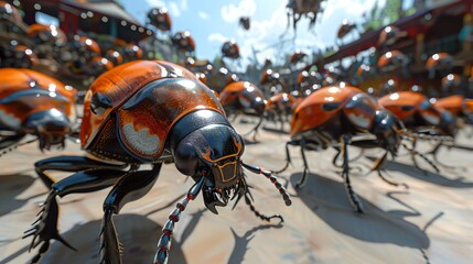 A virtual reality experience that puts viewers in the center of a beetle battle arena