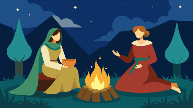 Two women in peasant dresses sit around a campfire trading stories of their roles in a medieval reenactment village.. Vector illustration