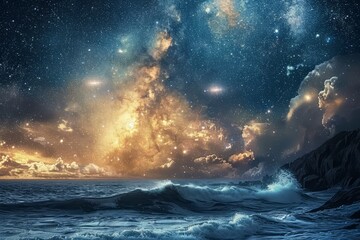 Naklejka premium A serene night scene with a dazzling starry sky reflecting over a calm blue ocean, with distant coastline silhouettes.