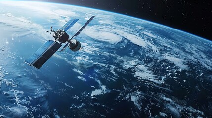 A satellite is shown orbiting Earth. The satellite is gray and has two large solar panels
