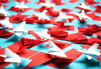 Fototapeta na wymiar 'concept Leadership competition Business background blue planes white leading plane paper Red challenger advantage leader unique teamwork origami aeroplane group success direction winner follow'