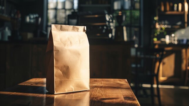 mockup, Brown Paper Bag on Wooden Restaurant Table