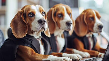 Three beagles in suits working at laptops, looking focused.