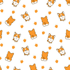 Cute kawaii corgi dog. Seamless pattern. Funny puppy cartoon animal characters. Hand drawn style. Vector drawing. Design ornaments.