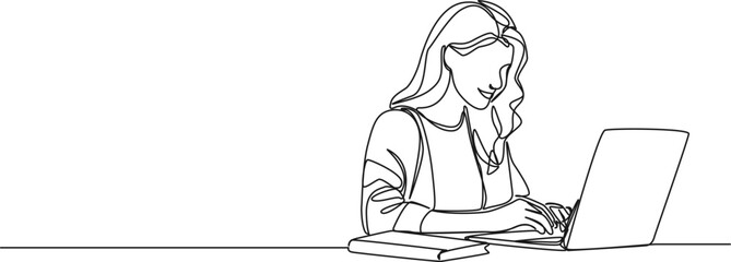 continuous single line drawing of female student using laptop computer, line art vector illustration
