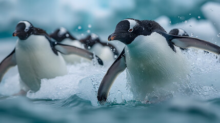 Black and white flightless birds, penguins, huddle on the icy shores of Antarctica