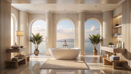 зображення сучасної ванної кімнати з великим вікном, що відкривається на море. Вікно надає чудовий краєвид, створюючи атмосферу затишку та розкоші. Підійде для демонстрації модерного дизайну ванної з 