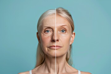 Aging treatment intervention and process in skincare techniques highlight visual aging and age split visual in facial comparisons.