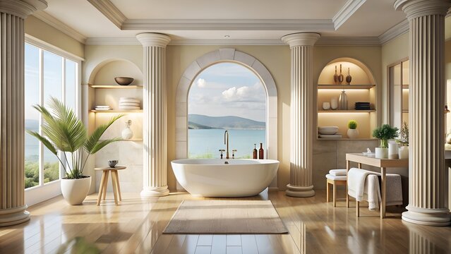 зображення сучасної ванної кімнати з великим вікном, що відкривається на море. Вікно надає чудовий краєвид, створюючи атмосферу затишку та розкоші. Підійде для демонстрації модерного дизайну ванної з 