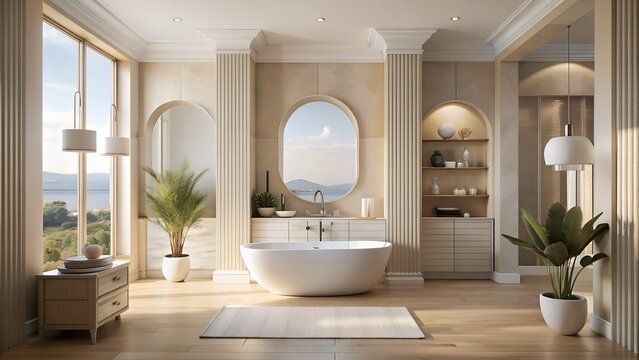 зображення сучасної ванної кімнати з великим вікном, що відкривається на море. Вікно надає чудовий краєвид, створюючи атмосферу затишку та розкоші. Підійде для демонстрації модерного дизайну ванної з 