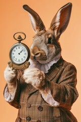 Anthropomorphic rabbit in colorful coat holding alarm clock isolated on soft orange background.