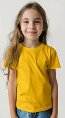 Little girl wearing yellow blank green t shirt mockup for print image portrait isolated