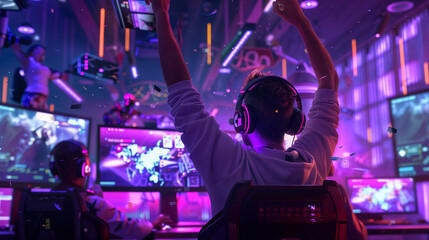 Gamer celebrate victory with his hands up. Emotional gamer for computer games and game consoles sat in front of the screen. Player with stormy emotions. Neon colors. - Powered by Adobe