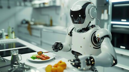 A humanoid robot is standing in a kitchen and holding a bowl of food.

