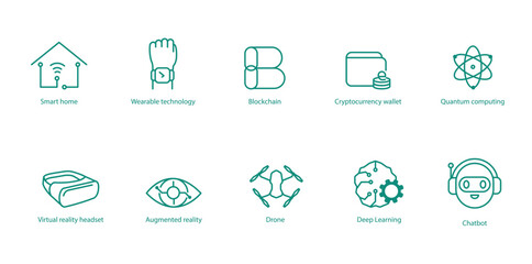 Advanced Tech Vector Icons: Smart House, Smart Wearable, Blockchain, Crypto Wallet, Quantum Computing, VR Headset, Augmented Reality, Drone, Deep Learning, Chatbot