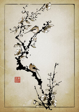 Birds on a cherry blossom branch. Illustration in traditional oriental style. Text - "Perception of Beauty".