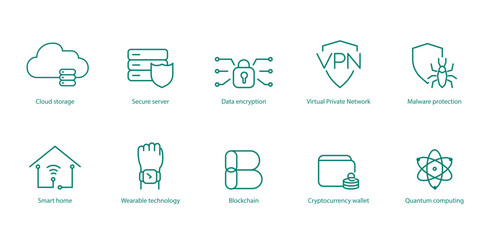 Advanced Tech Vector Icons: Cloud Storage, Server Security, Data Encryption, VPN, Malware Protection, Deep Learning, AI Brain, Chatbot, Machine Learning, Dataset Network