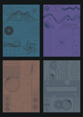 Science, Technology, Space Posters, Illustrations Template Set. 3D Effect Geometric Shapes, Surfaces, Grids. Abstract Backgrounds 