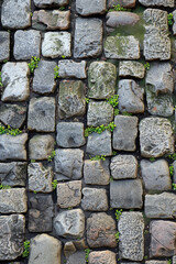 Textured surface of cobbled stones, showcasing their irregular shapes and worn surfaces. Cobbled stone textures offer a classic and timeless backdrop