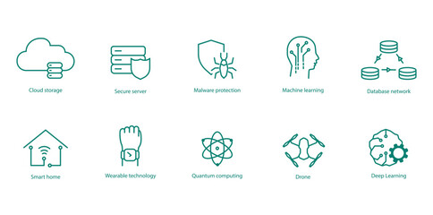 Cutting-Edge Tech Vector Icons: Cloud Storage, Secure Servers, Malware Protection, Machine Learning, Data Network, Smart House, Smart Wearables, Quantum Computing, Drones, Deep Learning