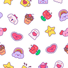 Cartoon cute happy kawaii characters. Seamless pattern. Lifestyle. Hand drawn style. Vector drawing. Design ornaments.