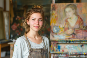 young woman is a painter, artist, studio or workshop background with a painting artwork, hobby, leisure time