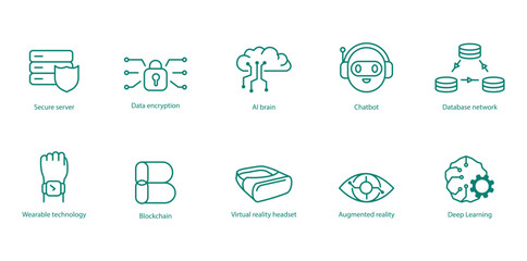 Advanced Tech Vector Icons: Secure Server, Data Encryption, AI Brain, Chatbot, Data Network, Smart Wearable, Blockchain, Augmented Reality, Deep Learning