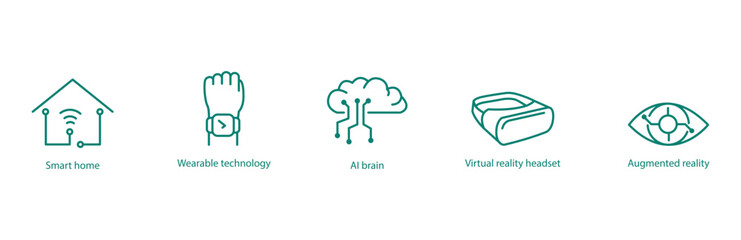 Cutting-Edge Tech Vector Icons: Smart Home, Smart Wearable, AI Brain, Virtual Reality Headset, Augmented Reality