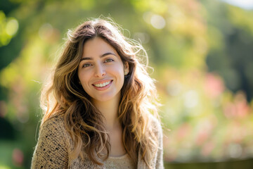 A beautiful woman in her late thirties smiling and standing outside, wearing comfortable with light colors