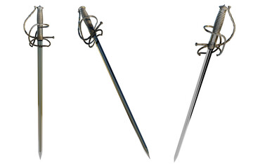 Rapier Spanish roper sword with loop guard on transparent background. 3D Render