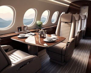 Luxurious corporate jet interior, leather seats and meeting table setup, concept of highend business travel, elegant and exclusive