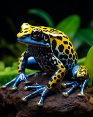 Fototapeta premium Macro shot of a colorful poison dart frog, vivid blue and yellow pattern, perched on a dark tropical leaf, concept of biodiversity