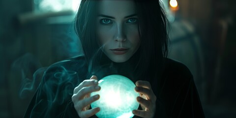 Naklejka premium A young witch with a magic orb. Woman with black hair holding transparent ball on dark background.