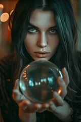 Naklejka premium A young witch with a magic orb. Woman with black hair holding transparent ball on dark background.