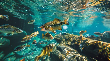 Underwater perspective showing a variety of fishing lures and baits attracting fish in a clear blue lake, showcasing effective angling tools