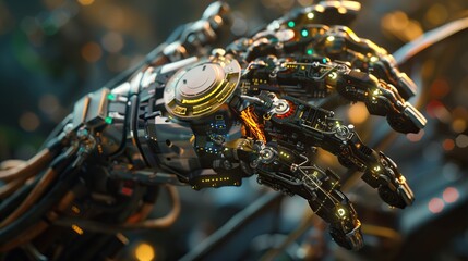 The image depicts a close up of a robotic hand. The hand is made of metal and has intricate details such as wires and rivets. The hand is lit by a bright light which is reflecting off of the metal sur
