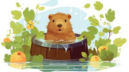 Cute funny capybara bathing in water hot bath with