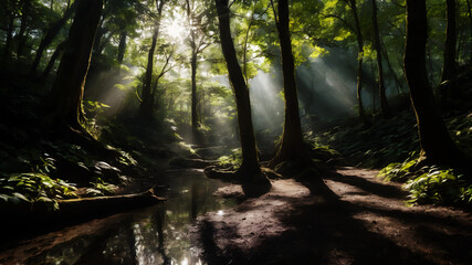 A peaceful woodland scene, with sunlight filtering through the trees and casting dappled shadows on the forest floor