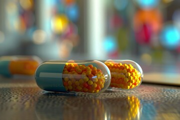 Close-up view of a turquoise and orange capsule with yellow beads inside, against a blurred multicolor background.
