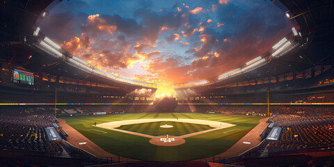 Baseball themed sport stadium illuminated against nighttime sky backdrop For Social Media Post Size - obrazy, fototapety, plakaty