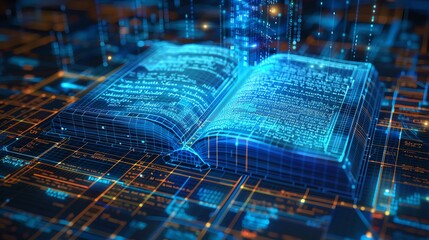 A wireframe model of a book being written, with chapters expanding and ideas connecting
