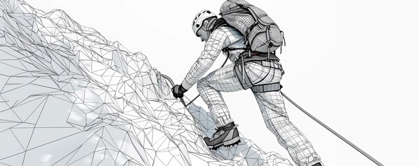 Closeup of a man wireframe of a person climbing a mountain, showing movement and terrain interaction - obrazy, fototapety, plakaty