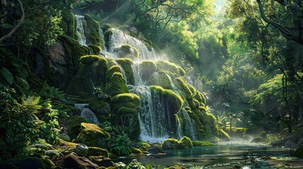A photo of a waterfall in a jungle. The waterfall is cascading over a cliff into a pool of water, with bright sunlight shining through the trees. There is a small waterfall to the left of the main wat