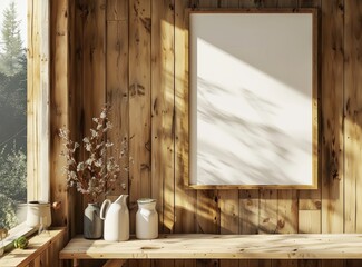 Frame mockup,Empty Picture Frame on Desk with Plant and Pen Holder, high-resolution (300 DPI)