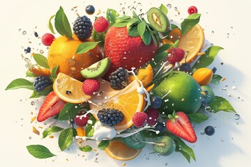 A 3D visual feast of fruits, merging natural textures with hyperreal clarity, ideal for print and digital media  ,3DCG,high resulution,clean sharp focus