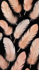 captivating arrangement of delicate peach feathers scattered against dark background, watercolor illustration. concepts: calmness, meditation, mindfulness, relaxation techniques, uplifting quotes