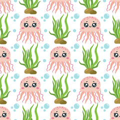 Cute sea jellyfish seamless vector pattern. A funny pink animal swims among seaweed, bubbles. Happy aquarium pet with tentacles. Underwater ocean creature, wild life. Cartoon marine background